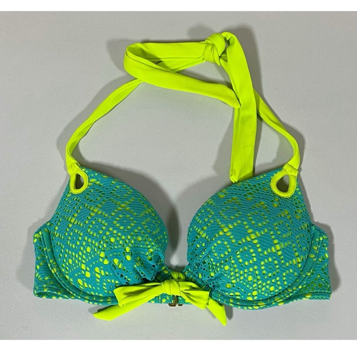 Designer × Victoria's Secret × Vintage Lime Green Blue Lace Push-Up Bikini Top Swimwear Size 32C 💚✨ Size S / US 4 / IT 40 - 1 Thumbnail