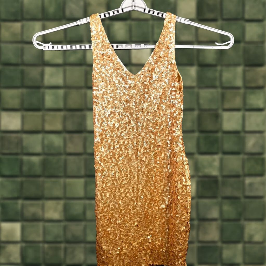 Vintage Pretty Guide Women's L Gold Sequin Sheath Dress Party Cocktail Wedding V-Neck Sleeveless Regular Size Size L / US 10 / IT 46 - 1 Thumbnail