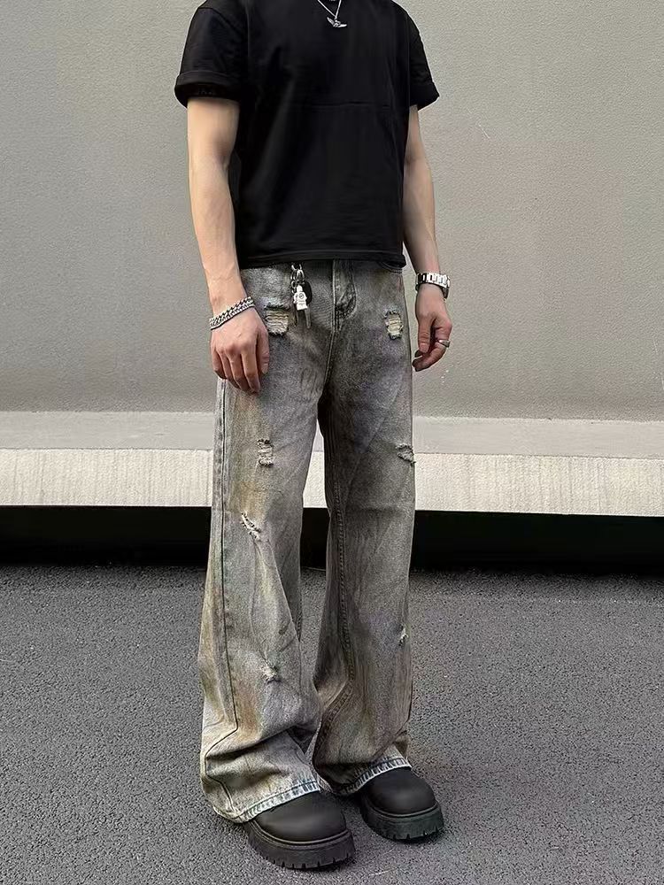Japanese Brand × Jean High street washed and distressed ripped straight leg jeans Size US 34 / EU 50 - 1 Thumbnail