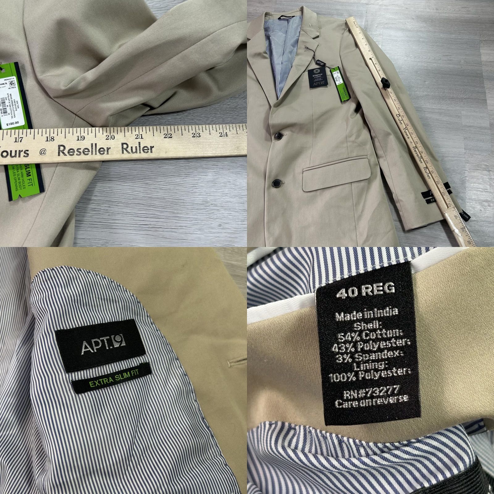 Apt. 9 Apt 9 Suit Jacket Mens 40 Beige Cotton Polyester Spandex Extra-Slim Fit Regular Notch Lapel Four-Button 2 Piece Formal Business Wedding Capable Spring Size 40R - 8 Thumbnail