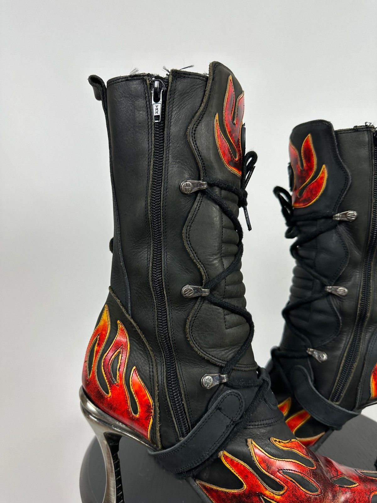 New Rock Flames Leather Heels Boots Y2K