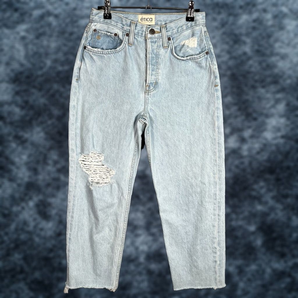 Vintage Etica Jeans Womens Size 25 High Rise Straight Leg Distressed Denim Blue 5-Pocket Size 42" / US 20 - 1 Thumbnail