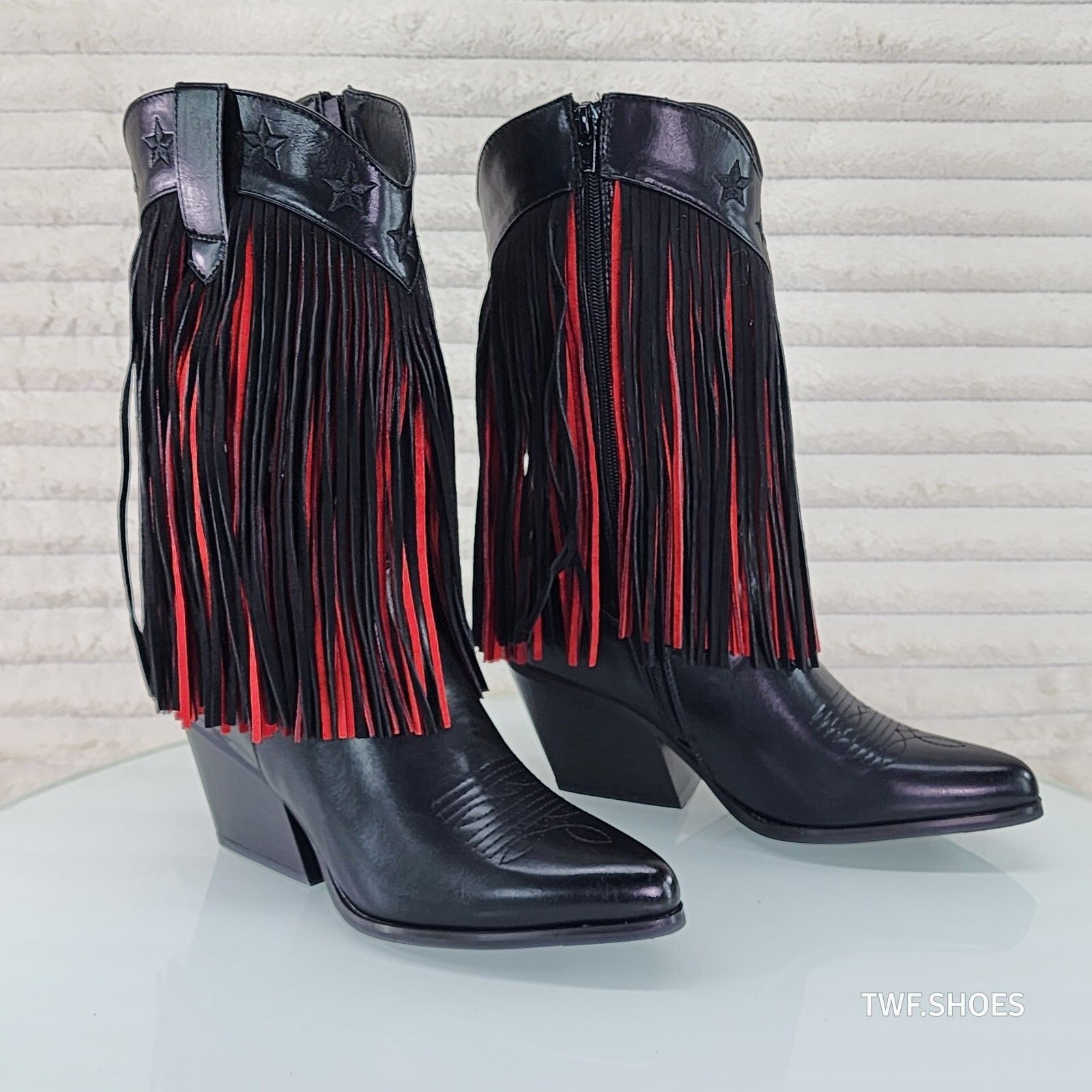 Other Dusty Roads Mid Calf Black and Red Fringe Country Western Co Size US 8.5 / IT 38.5 - 6 Thumbnail
