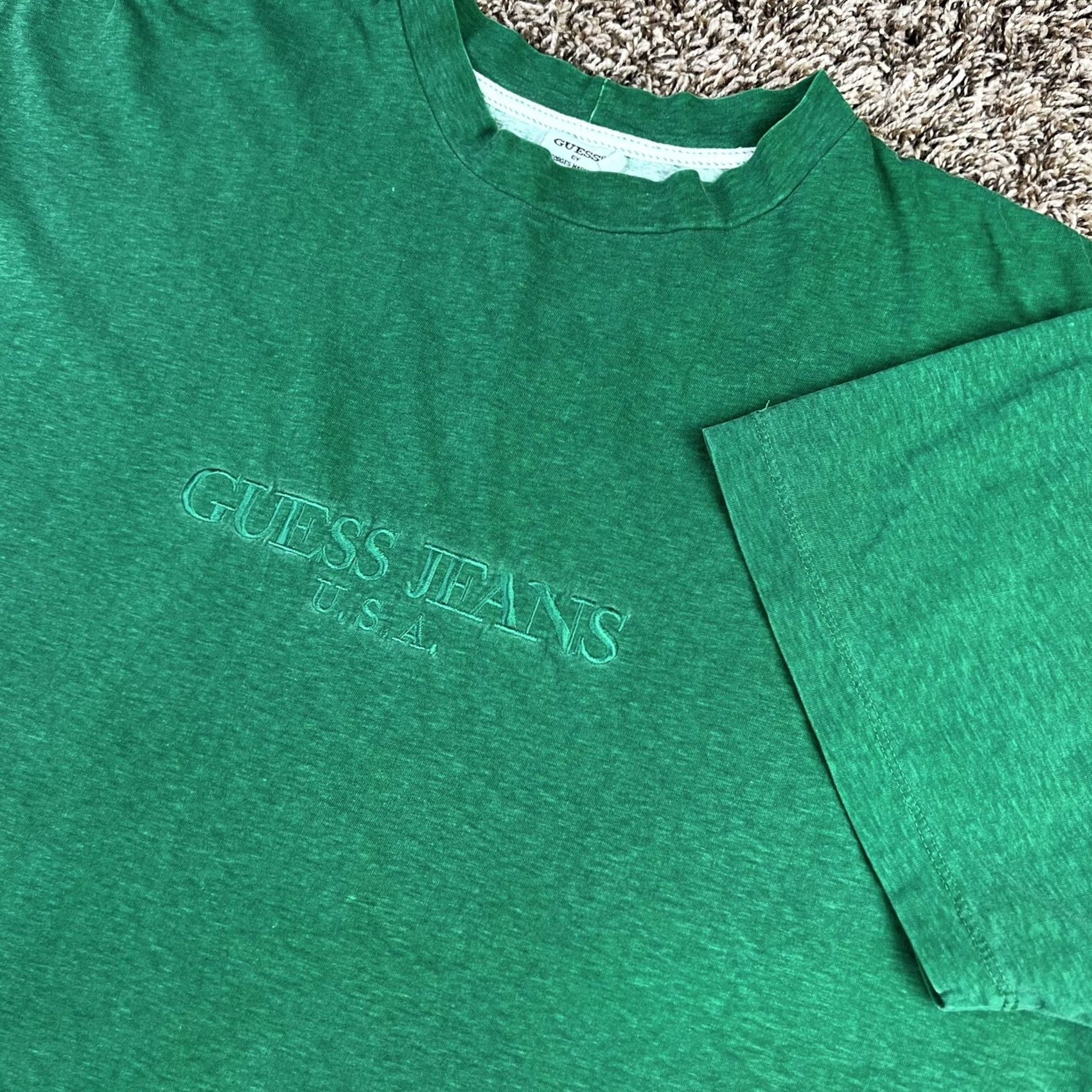 Guess VINTAGE Guess Jeans Embroidered Logo T-Shirt Green Heathered Large USA Mens 90s Brand Name Big Logo Short Sleeve Crew Neck US Origin Size US L / EU 52-54 / 3 - 5 Thumbnail