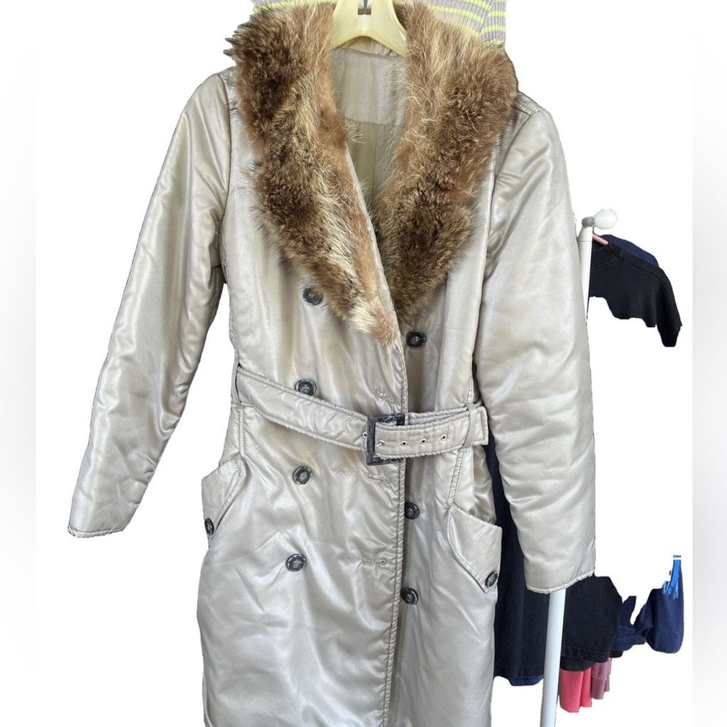 Other Vintage 60s Satin Trench Coat with Fur Collar Studio 54 Glam Size M / US 6-8 / IT 42-44 - 4 Thumbnail
