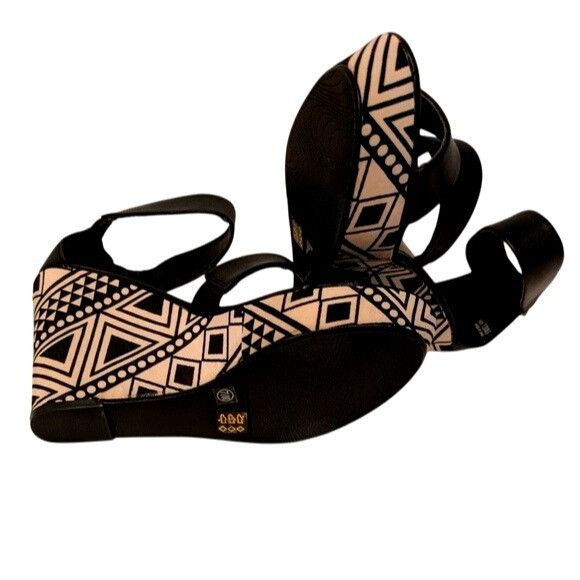 Other Black & White Geometric Pattern Wedge Sandals With Ankle Str Size US 8 / IT 38 - 3 Thumbnail