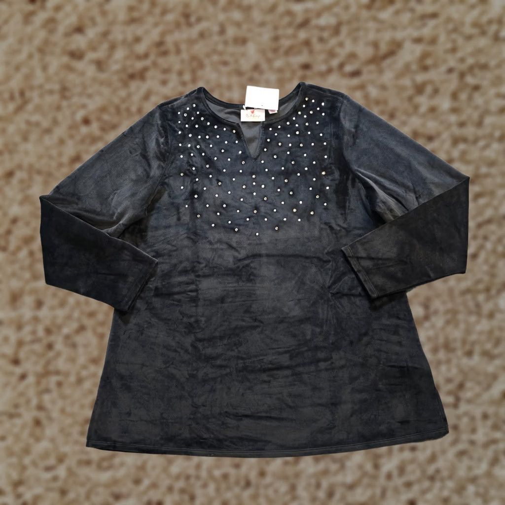 Quacker Factory Quacker Factory Top Blouse Womens Large Black Velour Rhinestone Long Sleeve Casual Size L / US 10 / IT 46 - 1 Thumbnail