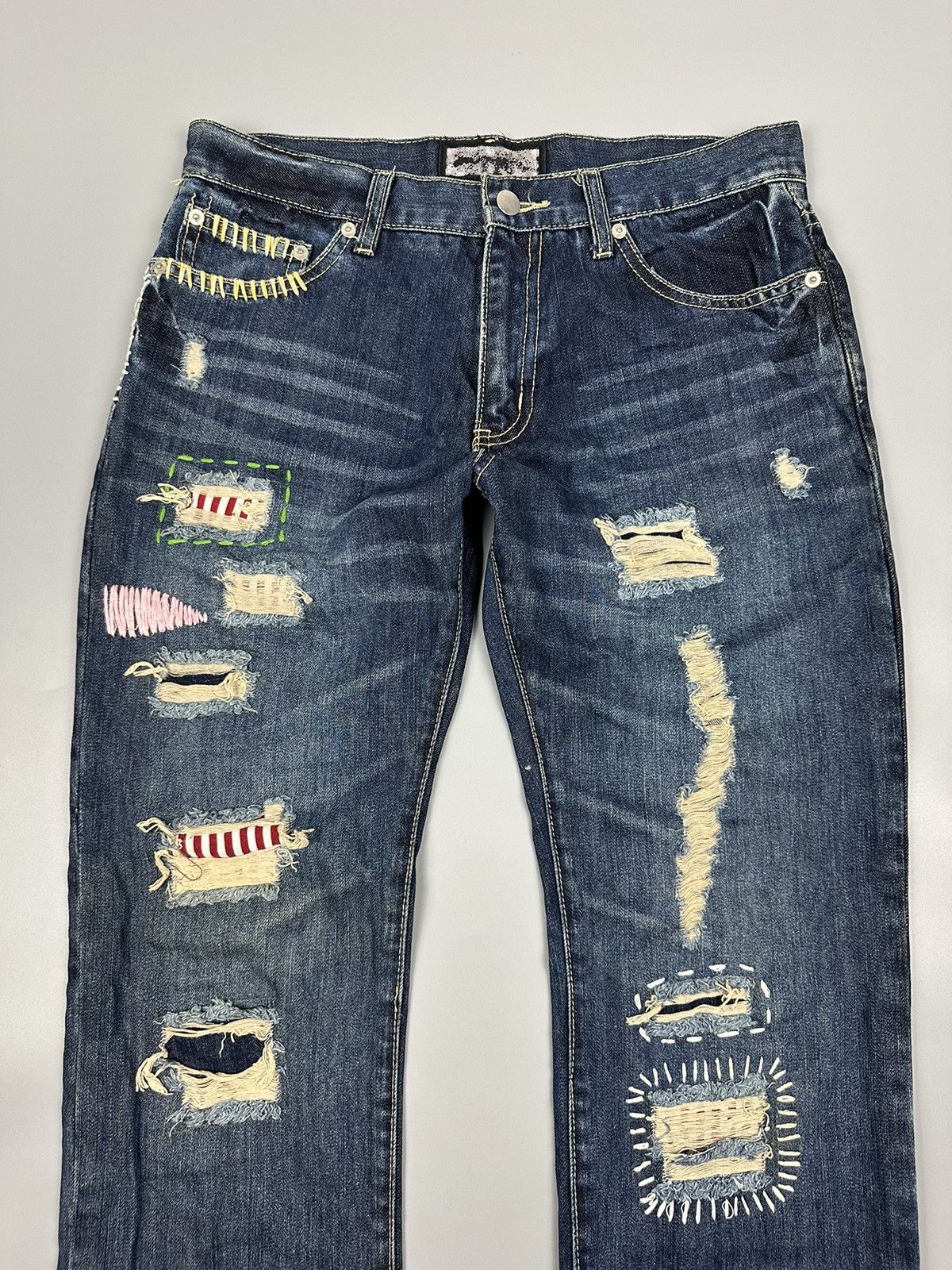 If Six Was Nine × Le Grande Bleu (L.G.B.) Distressed Japanese Brand Sashiko Patchwork Denim Size US 31 - 5 Thumbnail