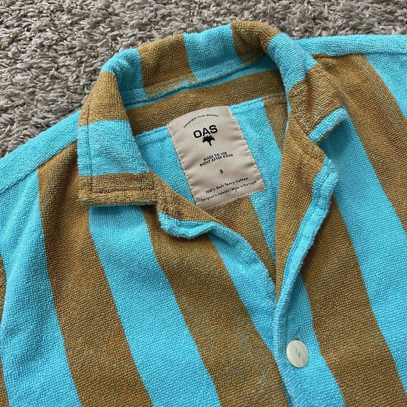 OAS Terry Cloth Striped Camp Collar Short Sleeve Button Up Shirt Size US S / EU 44-46 / 1 - 2 Thumbnail