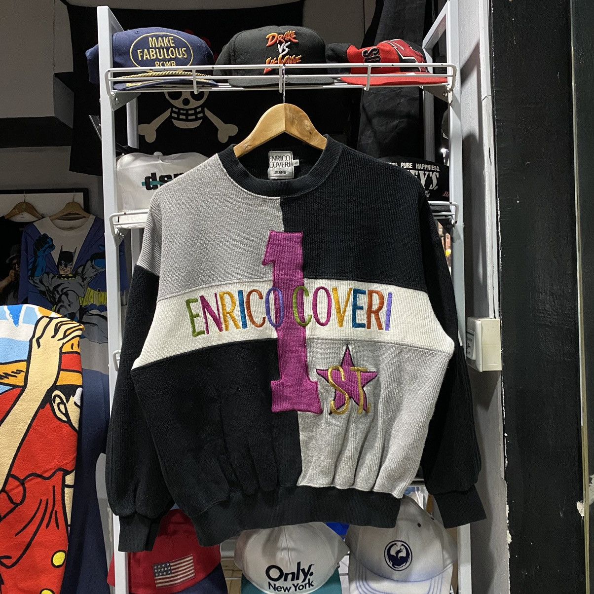 image of Vintage Enrico Coveri Crewneck Multicolored Embroidery in Black, Men's (Size Medium)