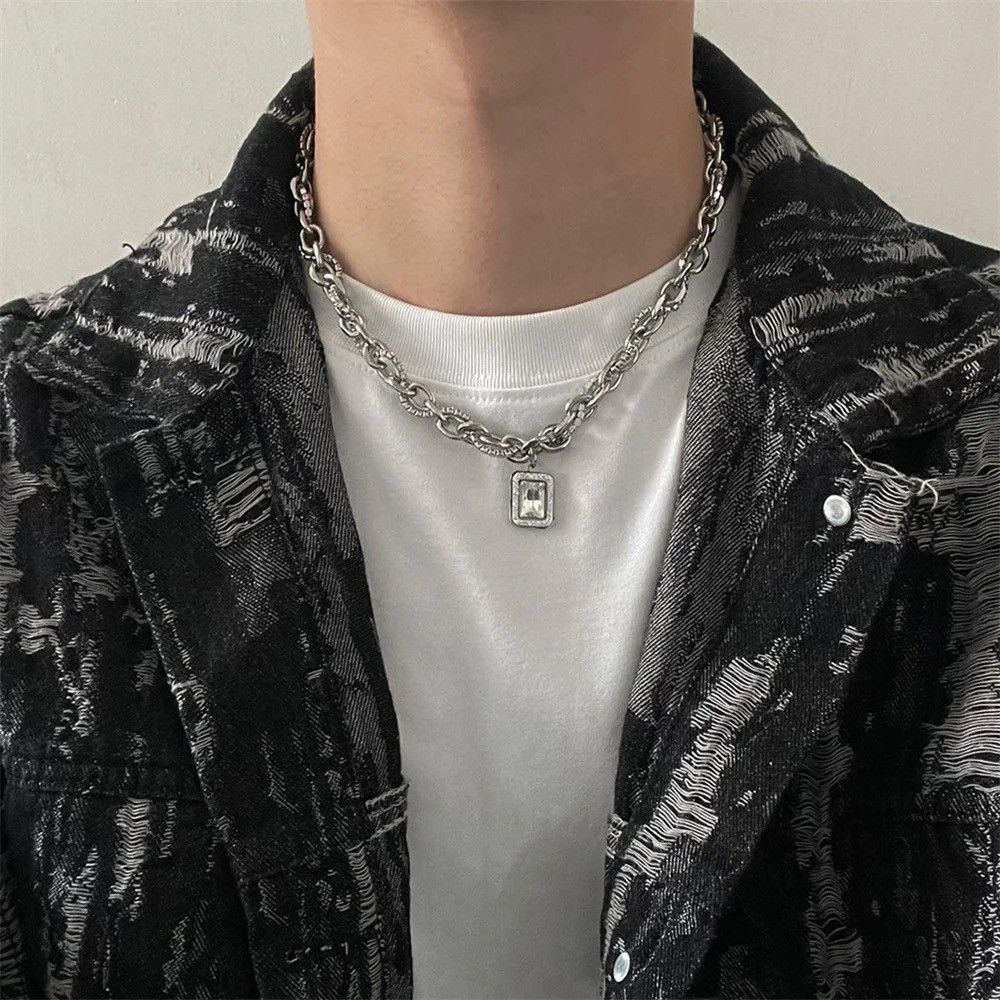 Jewelry × Vintage Hip Hop Square Zircon Necklace Titanium Steel Pendant Size ONE SIZE - 6 Thumbnail