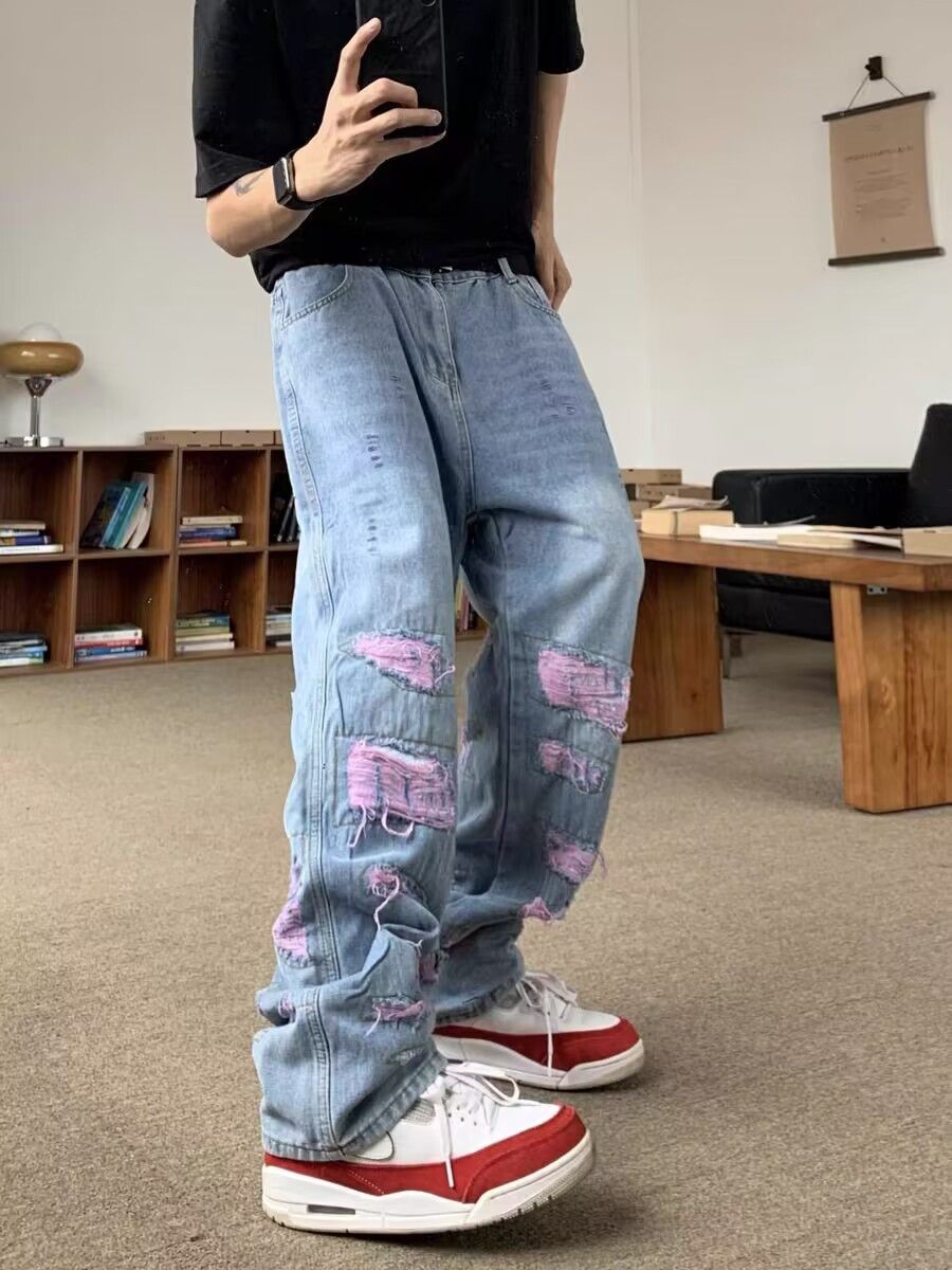 High Street Washed Design Pink Ripped Jeans - Main Image