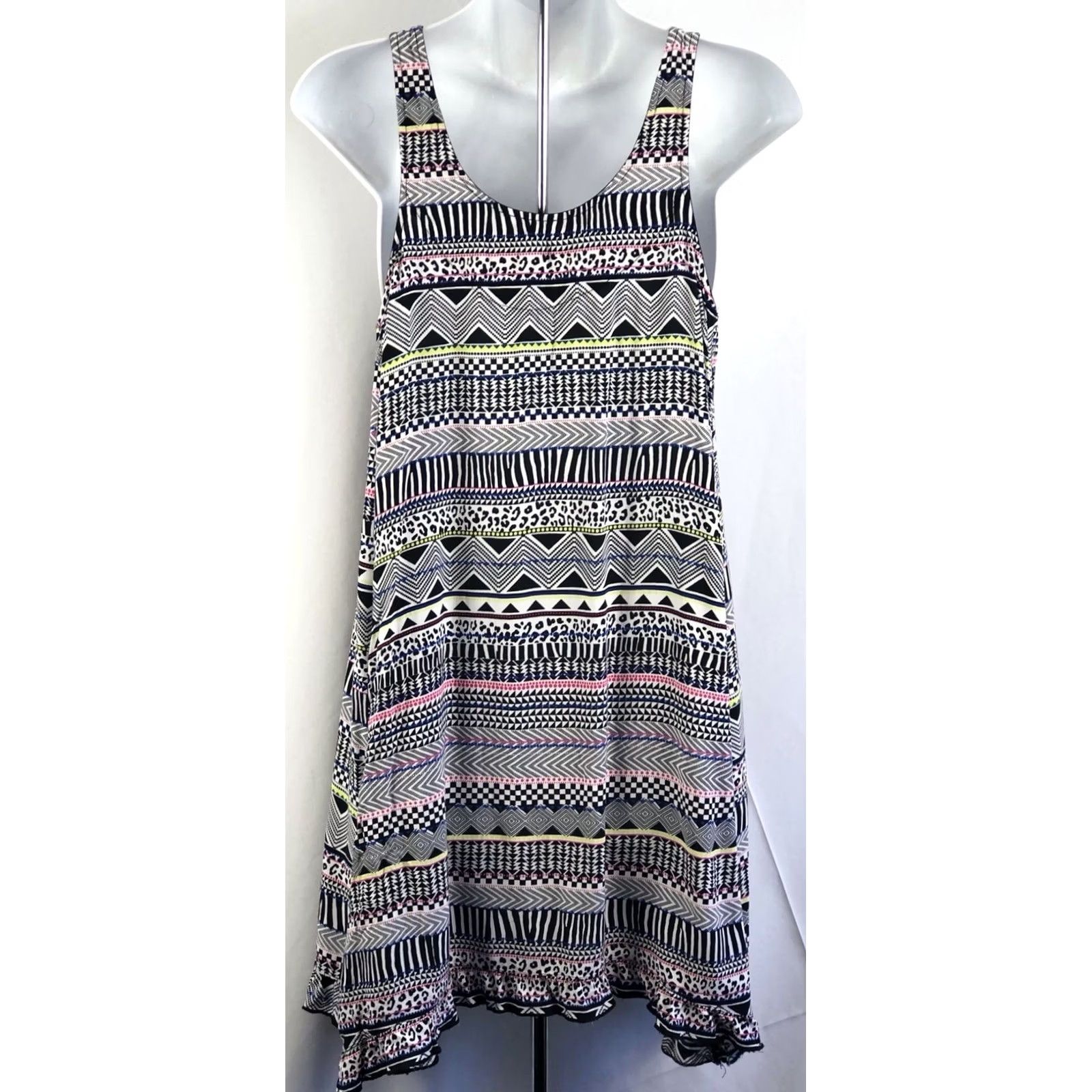 Vintage Vintage Tank Mini Dress M Jrs Blk/Wht Sleeveless Ruffles Geo Hi-Lo Boho Beach Size M / US 6-8 / IT 42-44 - 3 Thumbnail