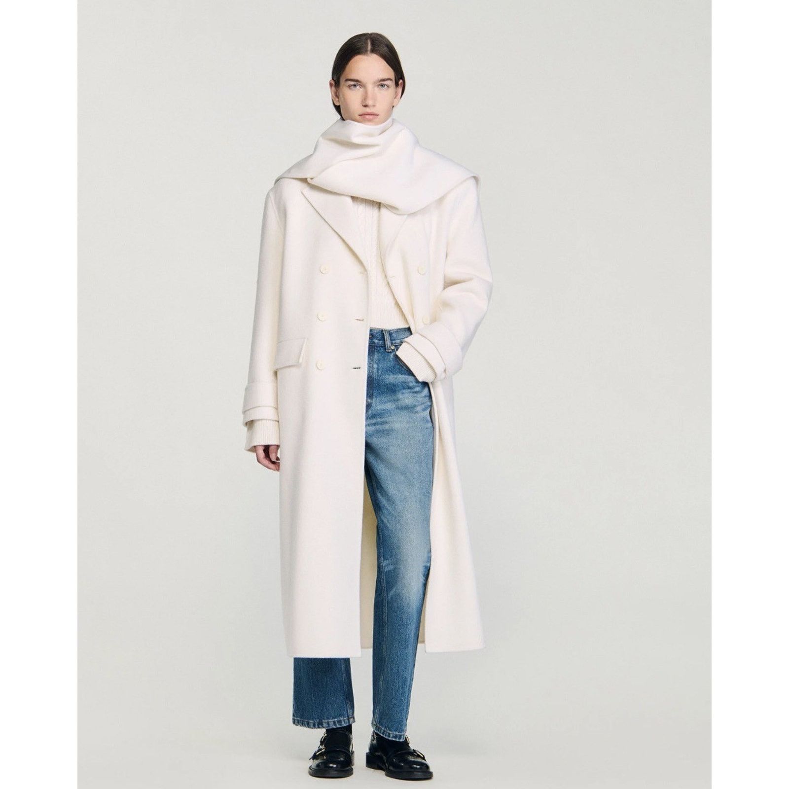 Sandro Sandro Womens Wrap Scarf Collar Long Overcoat 42 White Size M / US 6-8 / IT 42-44 - 1 Thumbnail