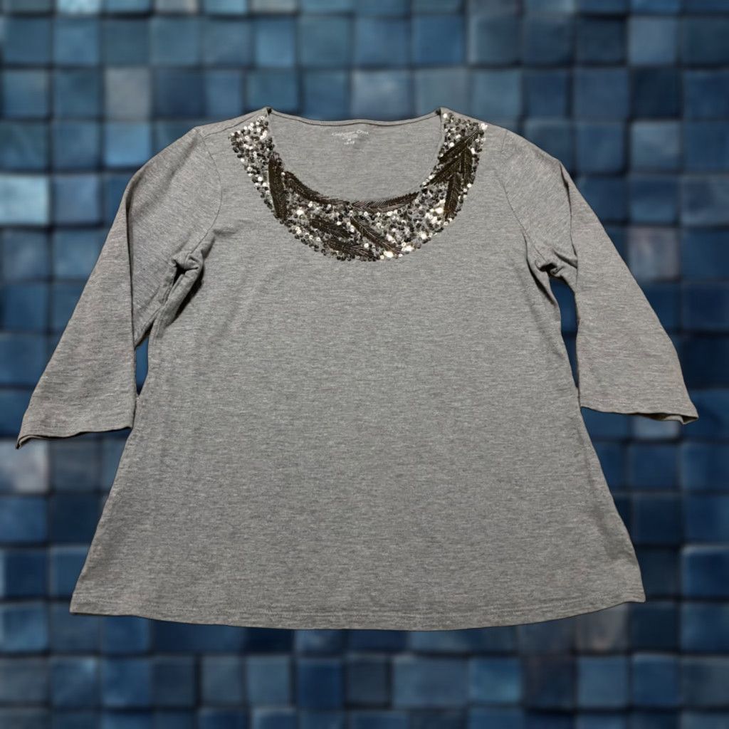 Coldwater Creek Coldwater Creek Shirt Gray Sequin 3/4 Sleeve Cotton Womens M Adult? Size M / US 6-8 / IT 42-44 - 1 Thumbnail