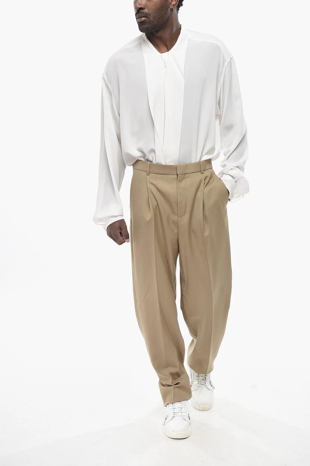 Saint Laurent Paris og1mm0426 Single-Pleat Wool Pant in Beige Size US 34 / EU 50 - 4 Thumbnail
