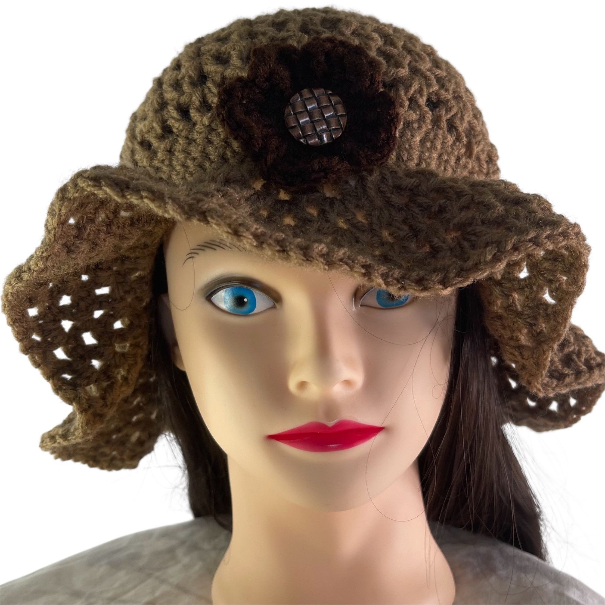 Handmade Crochet Bucket Hat Retro Style Brown and Tan Flower Embellis Size ONE SIZE - 1 Thumbnail
