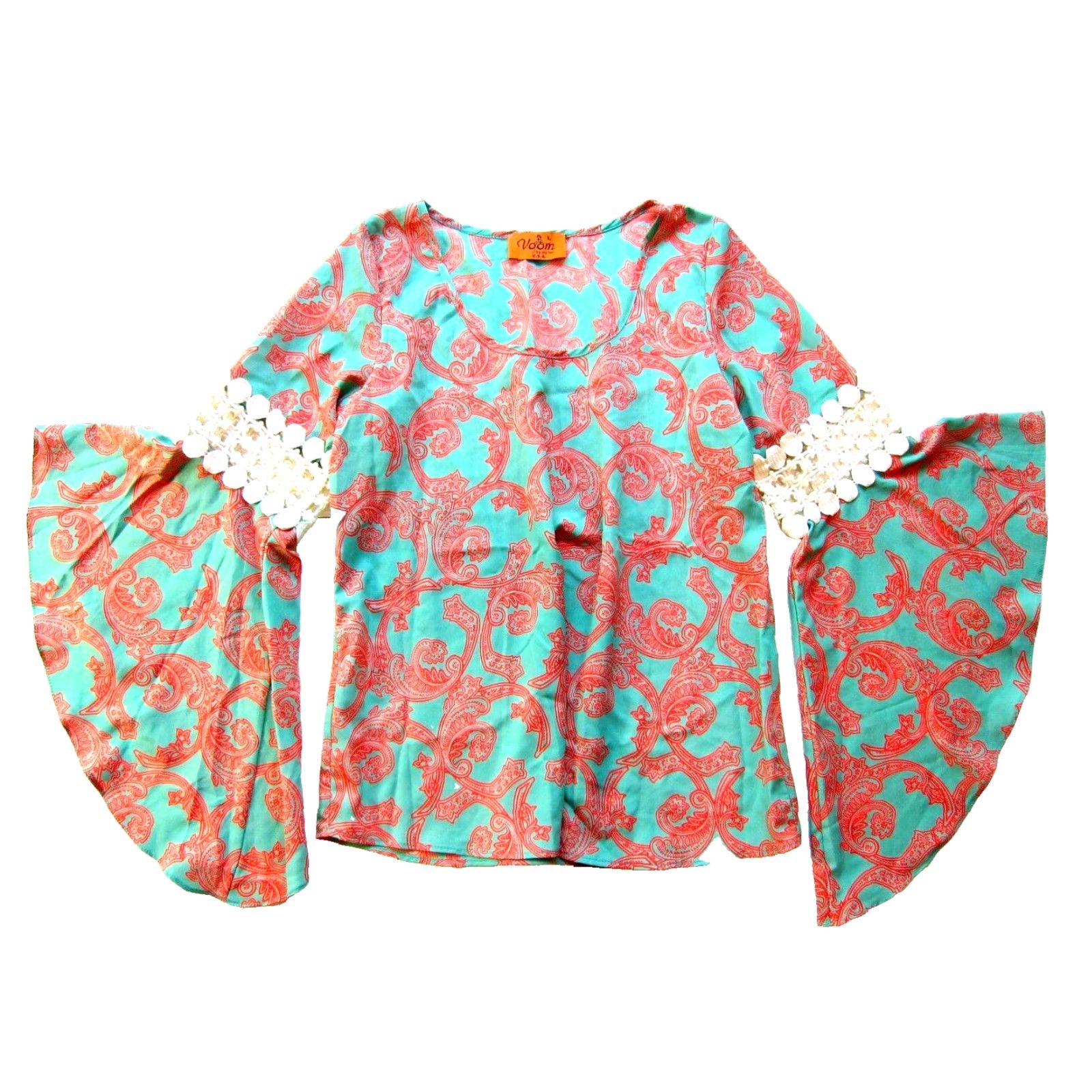 Altea Voom Blouse Shirt Womens Tunic Paisley Floral Long Flare Sleeve Teal Orange Large Size L / US 10 / IT 46 - 2 Thumbnail