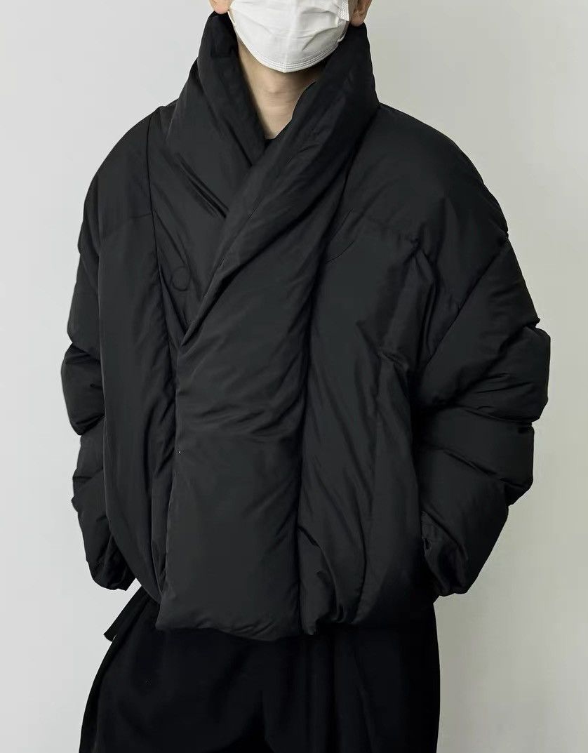 Avant garde wrap shawl collar quilted puffer jacket coat