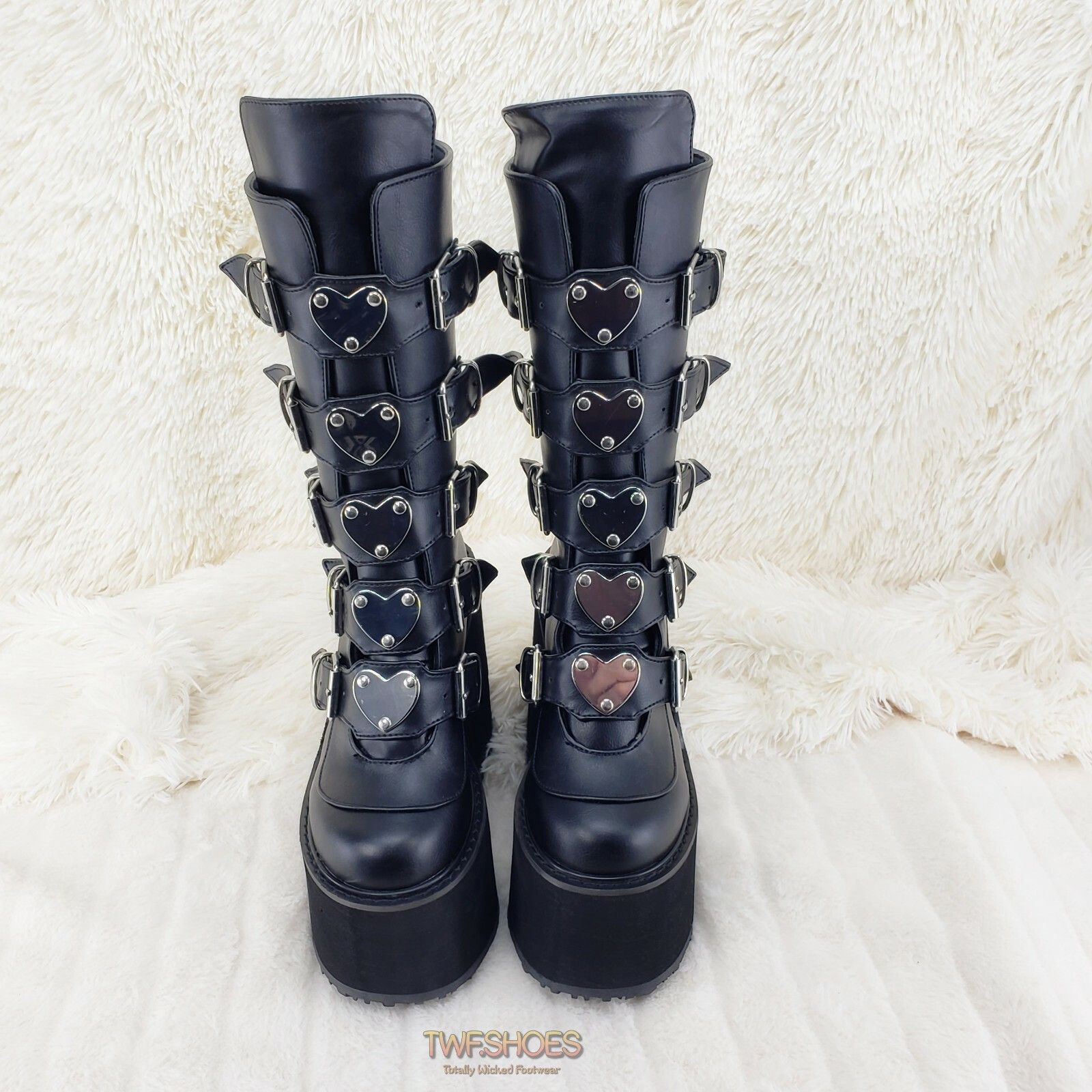 Demonia Cult DEMONIA Swing 230 Black Mid Calf Boot 5.5" Platform Heart St Size US 12 / IT 42 - 6 Thumbnail