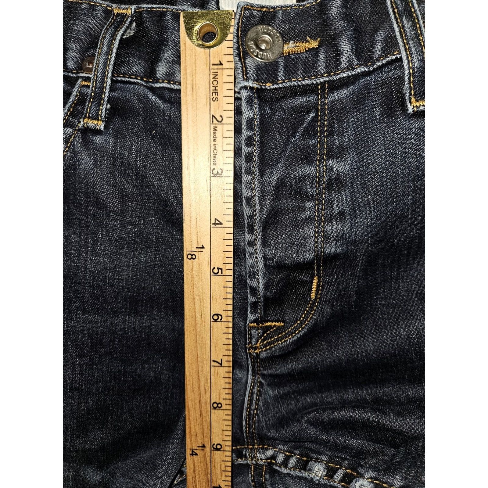 Hudson Hudson Jeans Mens 33 Blue Straight Leg Button Fly Made in USA Dark Wash Denim 98% Cotton 2% Elastan Distressed Logo Back Pocket Flag/Union Jack Size US 33 - 5 Thumbnail