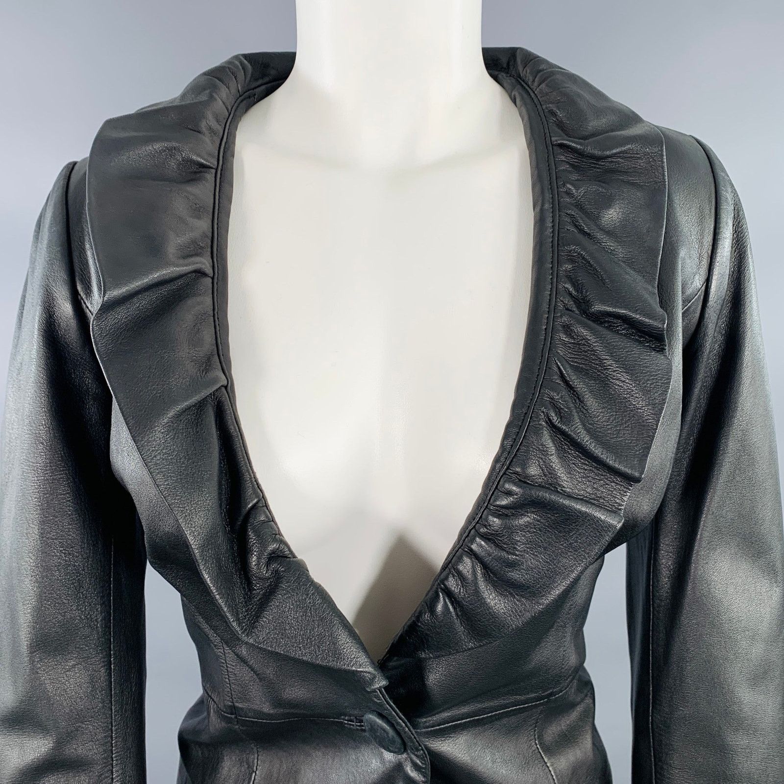 MILLY MILLY Size S Black Lambskin Leather Ruffle Jacket Size S / US 4 / IT 40 - 2 Thumbnail