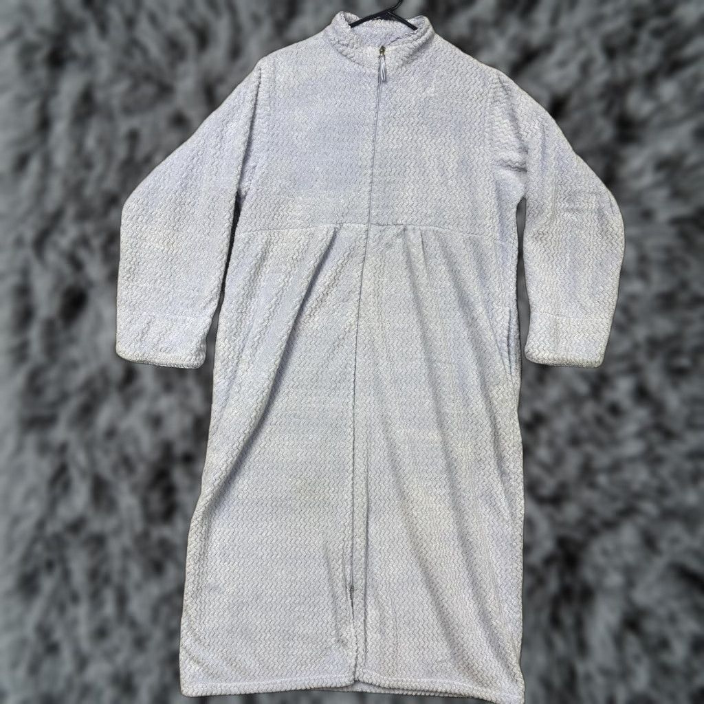 Vintage Stan Herman Robe Women XL Blue Fleece Kaftan Full Zip Mock Neck Lounge Housecoat Size ONE SIZE - 1 Thumbnail