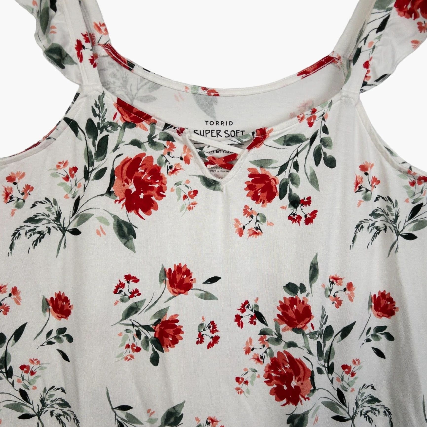 Torrid Torrid Super Soft Knits Ivory Red Floral Ruffle Tank Top Shirt Womens Plus 00 Sleeveless Knit Rayon Spandex Stretch N/A Size XXS / US 00 / IT 34 - 3 Thumbnail