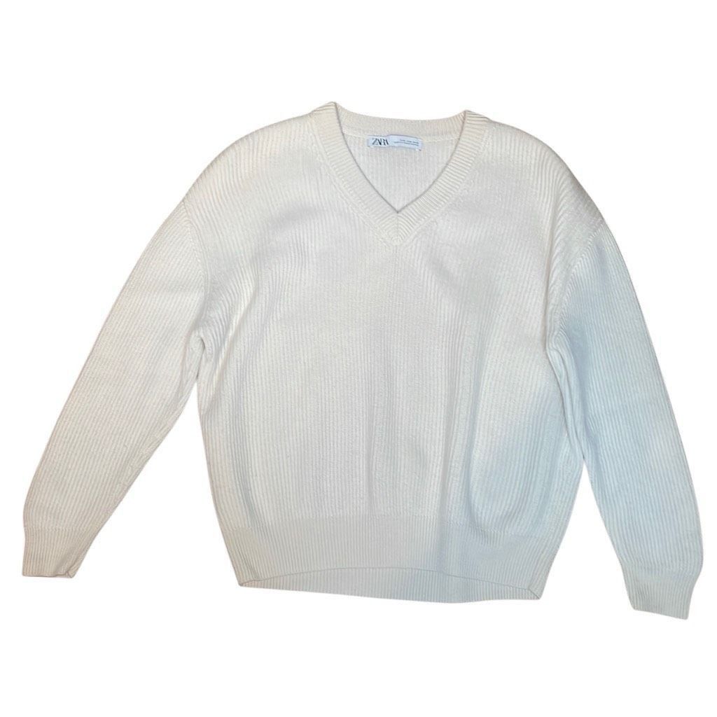 Zara Zara White Wool V-neck Ribbed Sweater Size S / US 4 / IT 40 - 8 Thumbnail