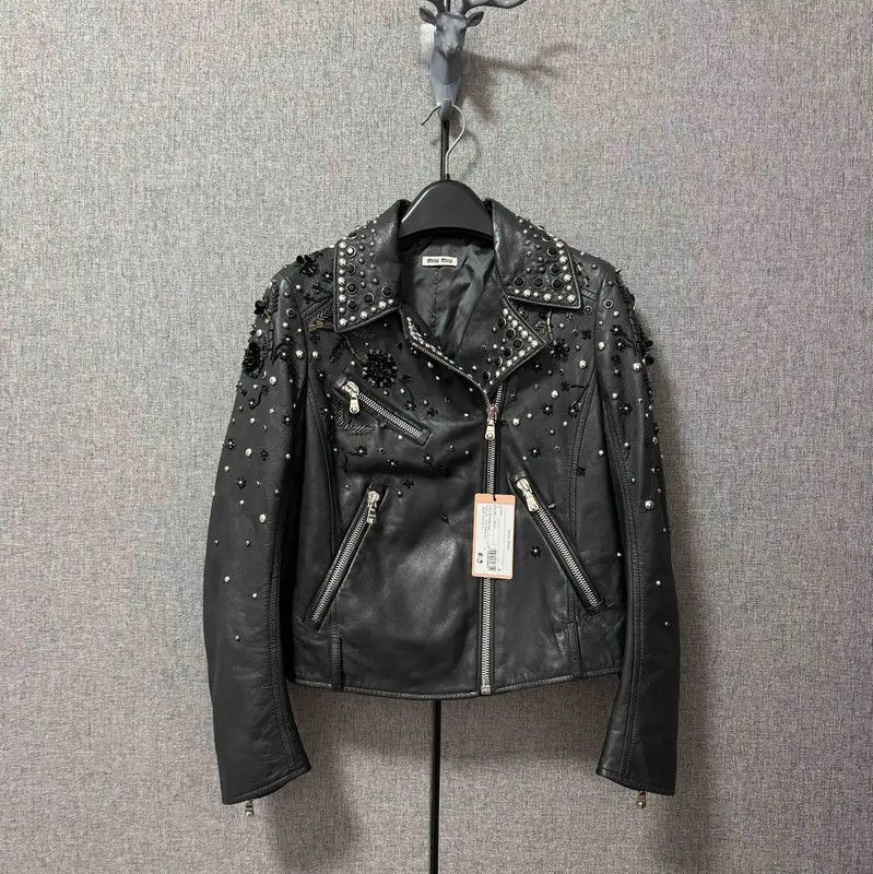 Miu Miu Miu Miu Black Embroidered Leather Jacket 0089 Size M / US 6-8 / IT 42-44 - 1 Thumbnail
