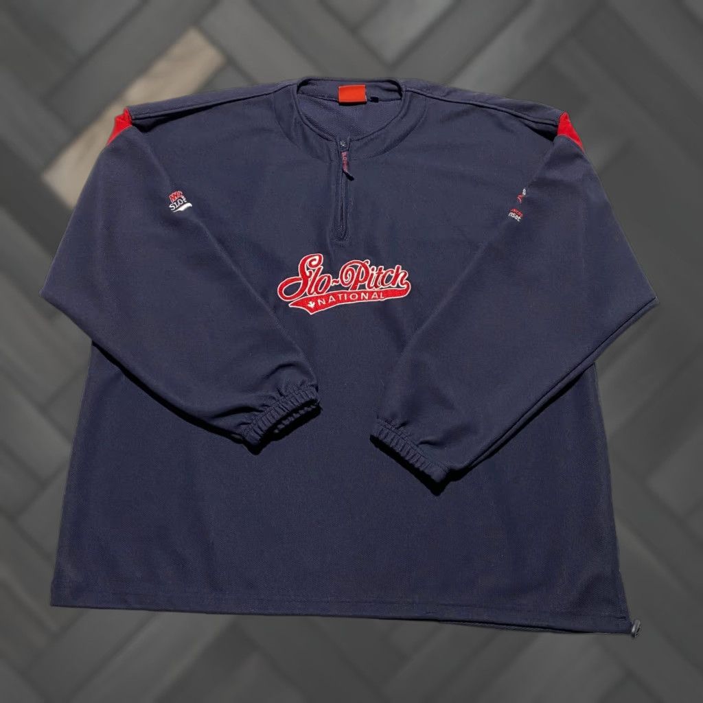 Vintage SPN Slo Pitch National Championship Pullover Jersey Mens XL 1/4 Zip Navy Red Blue Polyester Knit Pockets 100% Sweatshirt? Size US XL / EU 56 / 4 - 1 Thumbnail