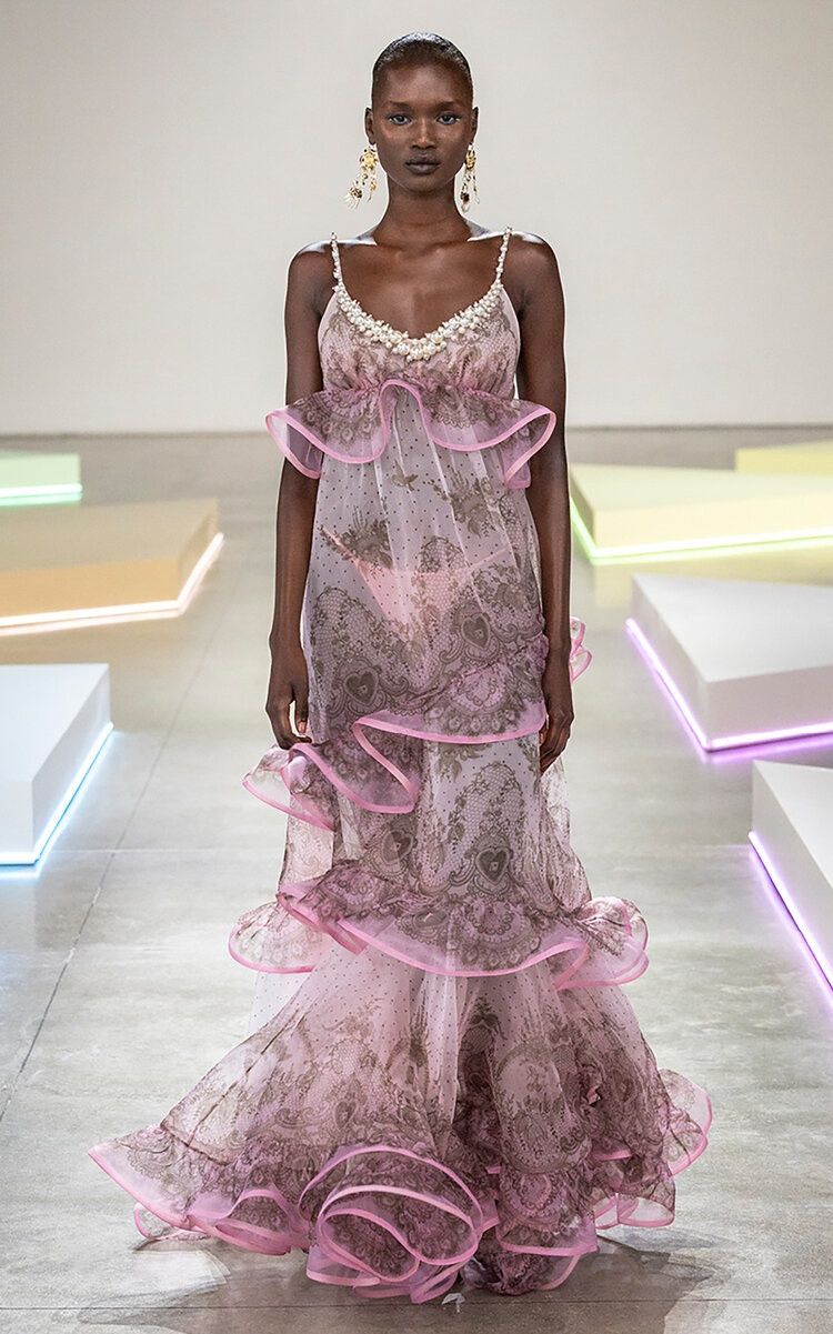 oc11z1025 Crush Tiered Embellished Silk Gown in Multicolor