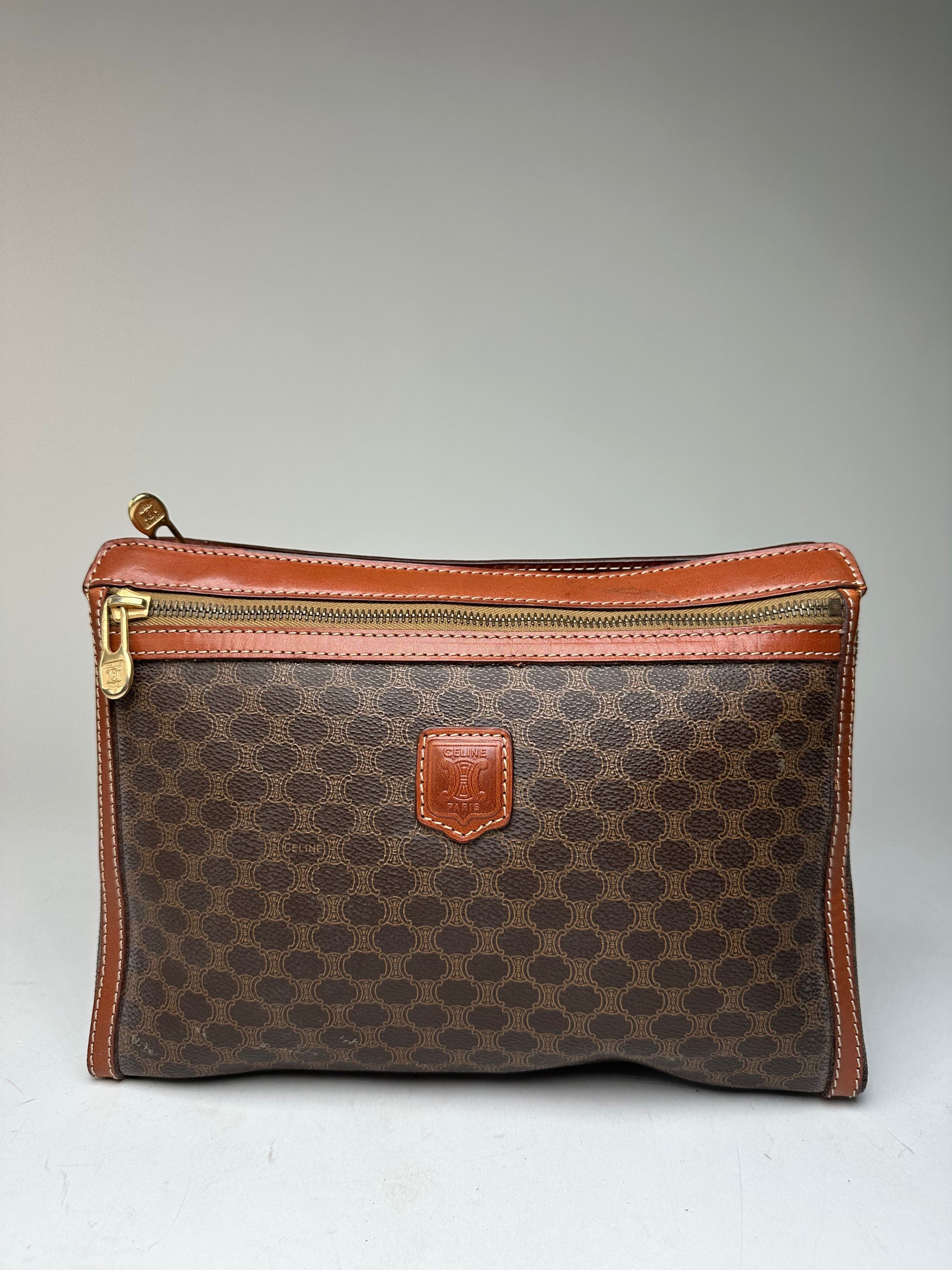 Celine Vintage Paris Triomphe Monogram Leather Clutch Brown Size ONE SIZE - 1 Thumbnail