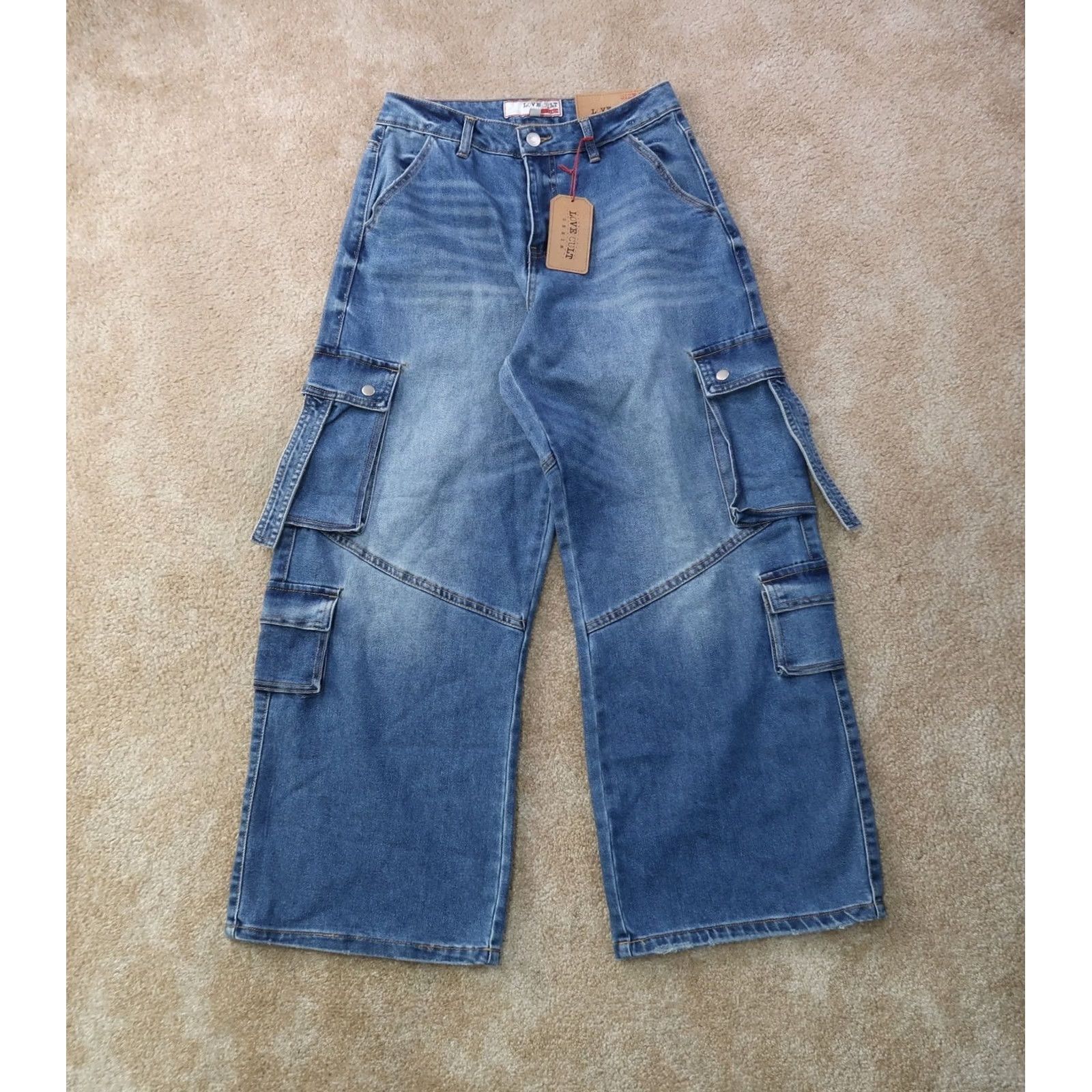 Vintage LOVE CULT Cargo Jeans Womens Juniors 7 Blue Frosted Wide-Leg Y2K New Size 28" / US 6 / IT 42 - 2 Thumbnail