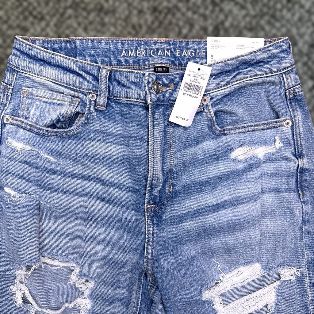 American Eagle Outfitters American Eagle Mom Jeans Womens 8 29W High Rise Stretch Distressed New Blue 90s Grunge Retro Logo Jeans Womens Style Mom Size 30" / US 8 / IT 44 - 1 Thumbnail