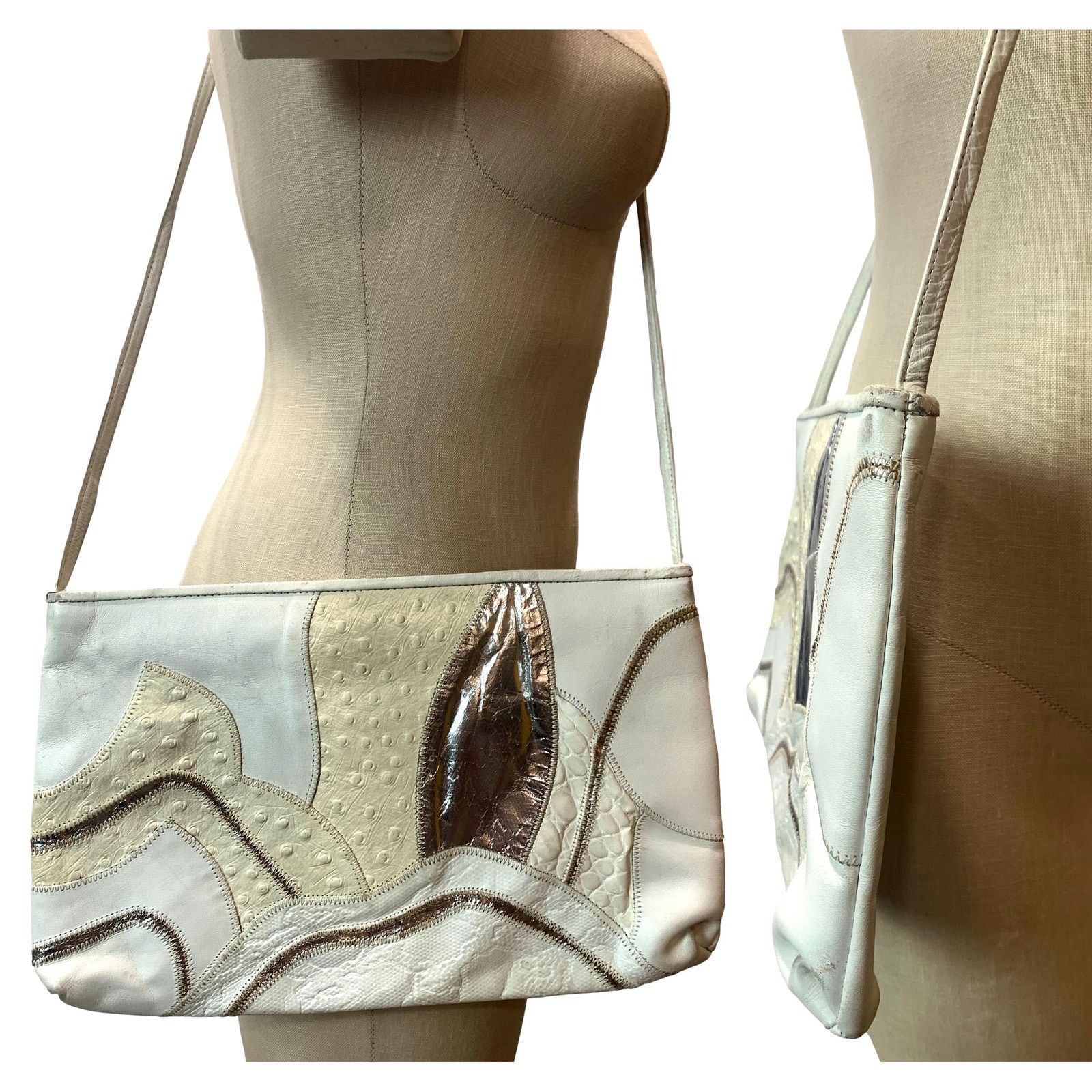 Genuine Leather × Vintage 80s White & Silver Leather Mixed Up Patchwork Shoulder Bag Size ONE SIZE - 3 Thumbnail