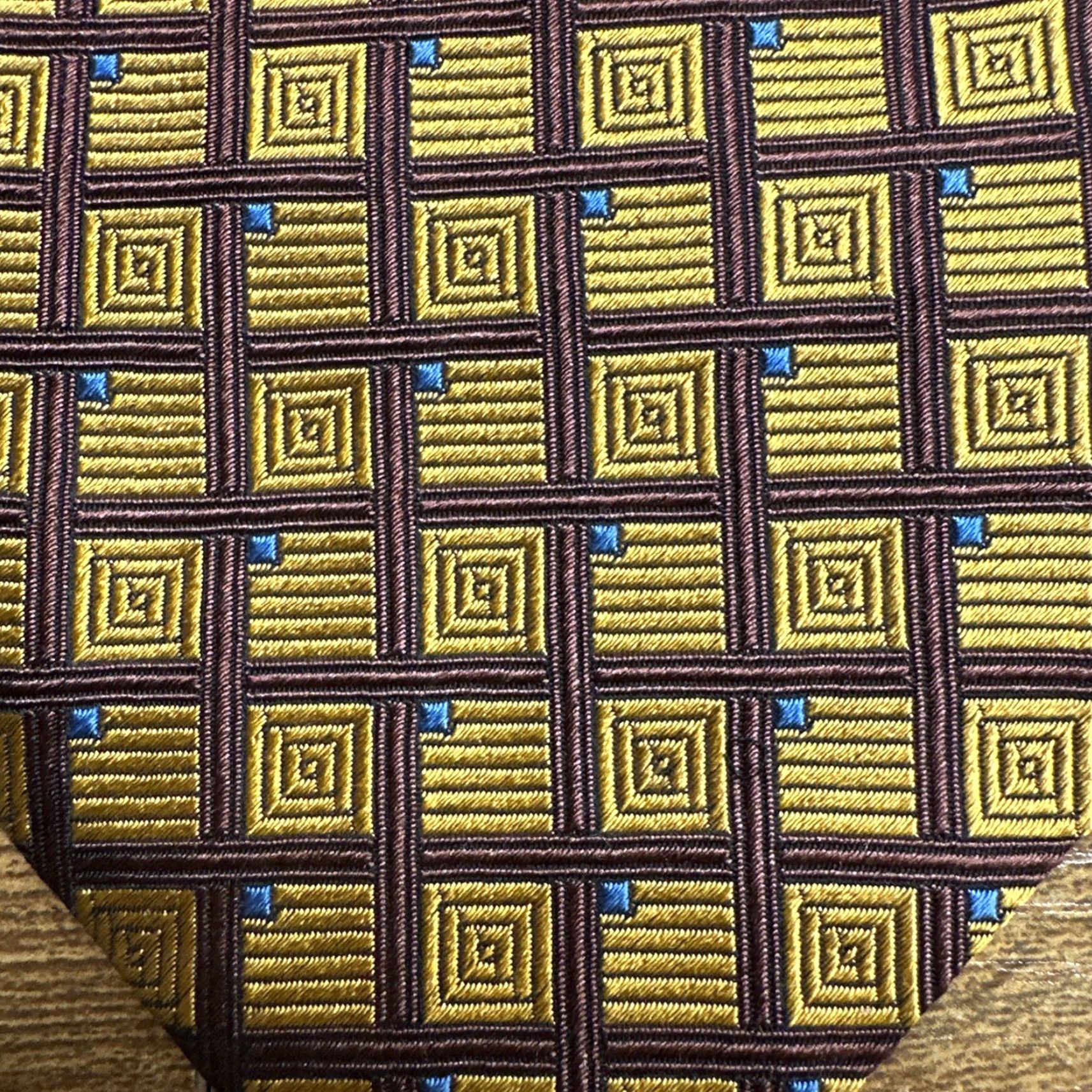 Vintage Jos A Bank Mens Silk Tie Geometric Necktie Italy Gold Blue Brown 100% Silk Classic Length 58" Width 4" Logo Wedding Preppy Designer Mens Size ONE SIZE - 6 Thumbnail