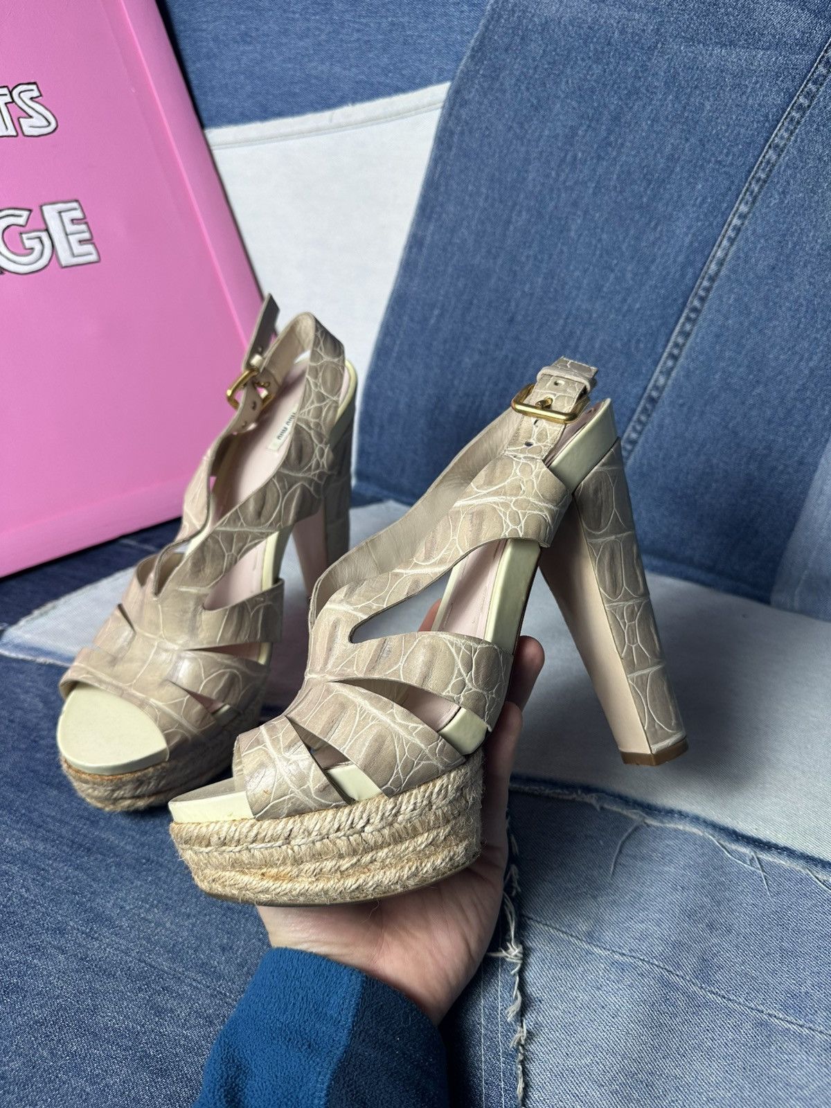 Miu Miu Miu Miu Sandals Open Toe Heels Strappy Platform Beige Size US 8 / IT 38 - 13 Thumbnail
