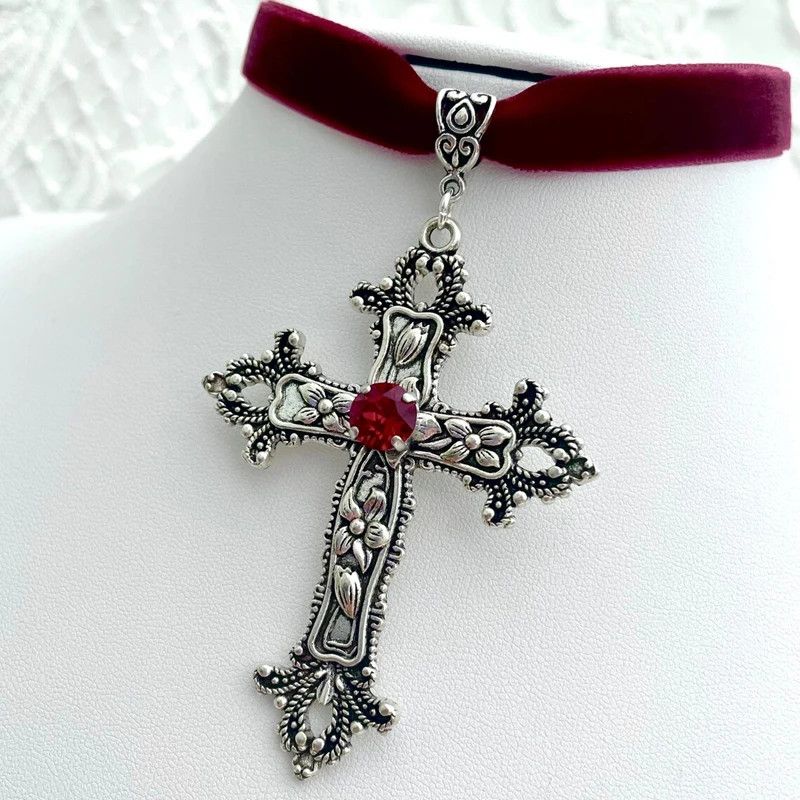 Other Vintage Gothic Large Cross Red Velvet Choker Necklace Size ONE SIZE - 3 Thumbnail