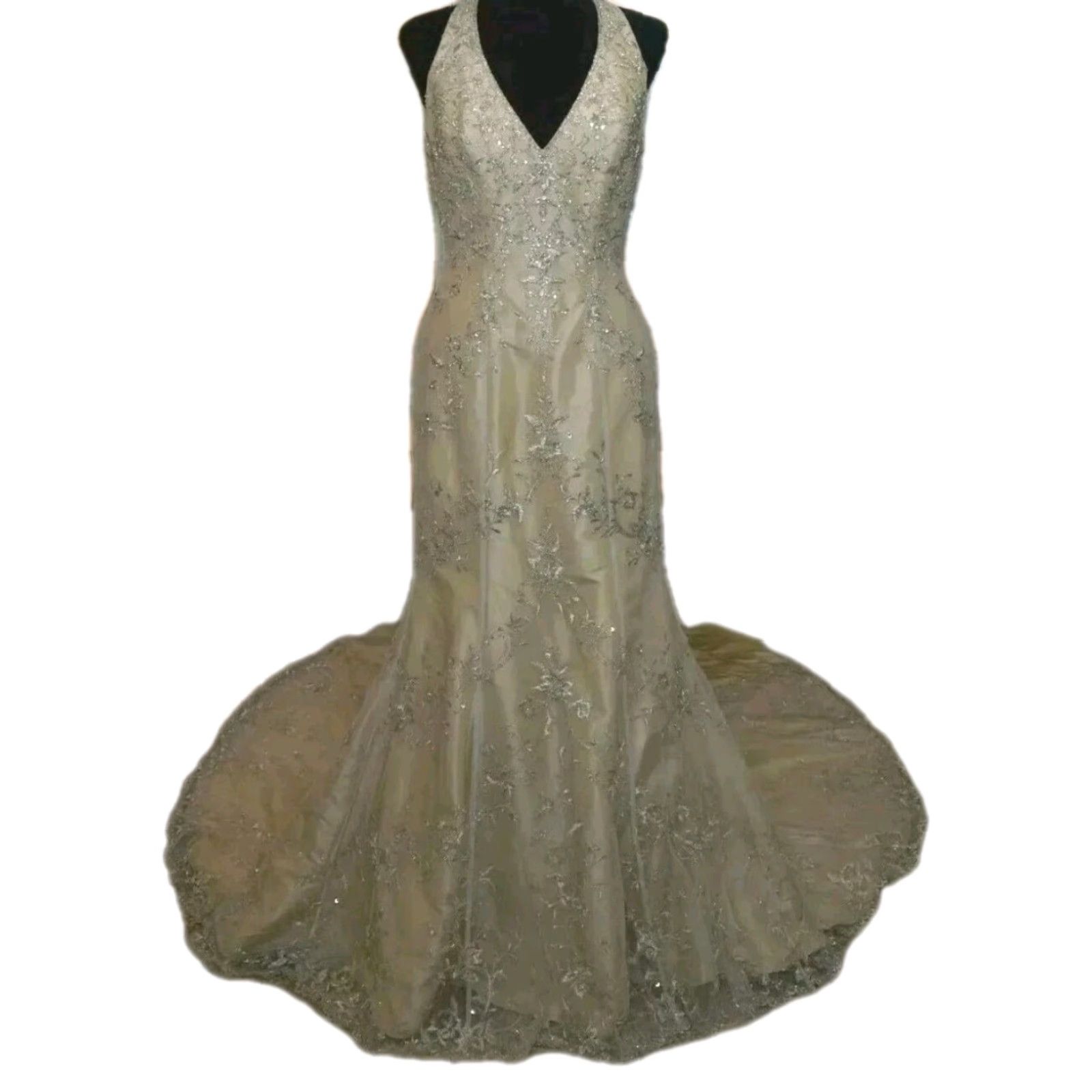Vintage Mari Lee Wedding Dress Gown Sleeveless V Neck Size XS Sequin Lace Champagne/Cream Dress Back Zipper Duchess Ball Gown Womens Size ONE SIZE - 2 Thumbnail