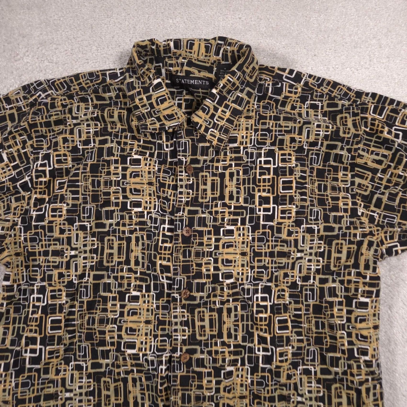 Vintage Statements Shirt Mens Medium Black Geometric Linen Button Front Short Sleeve Size US M / EU 48-50 / 2 - 3 Thumbnail