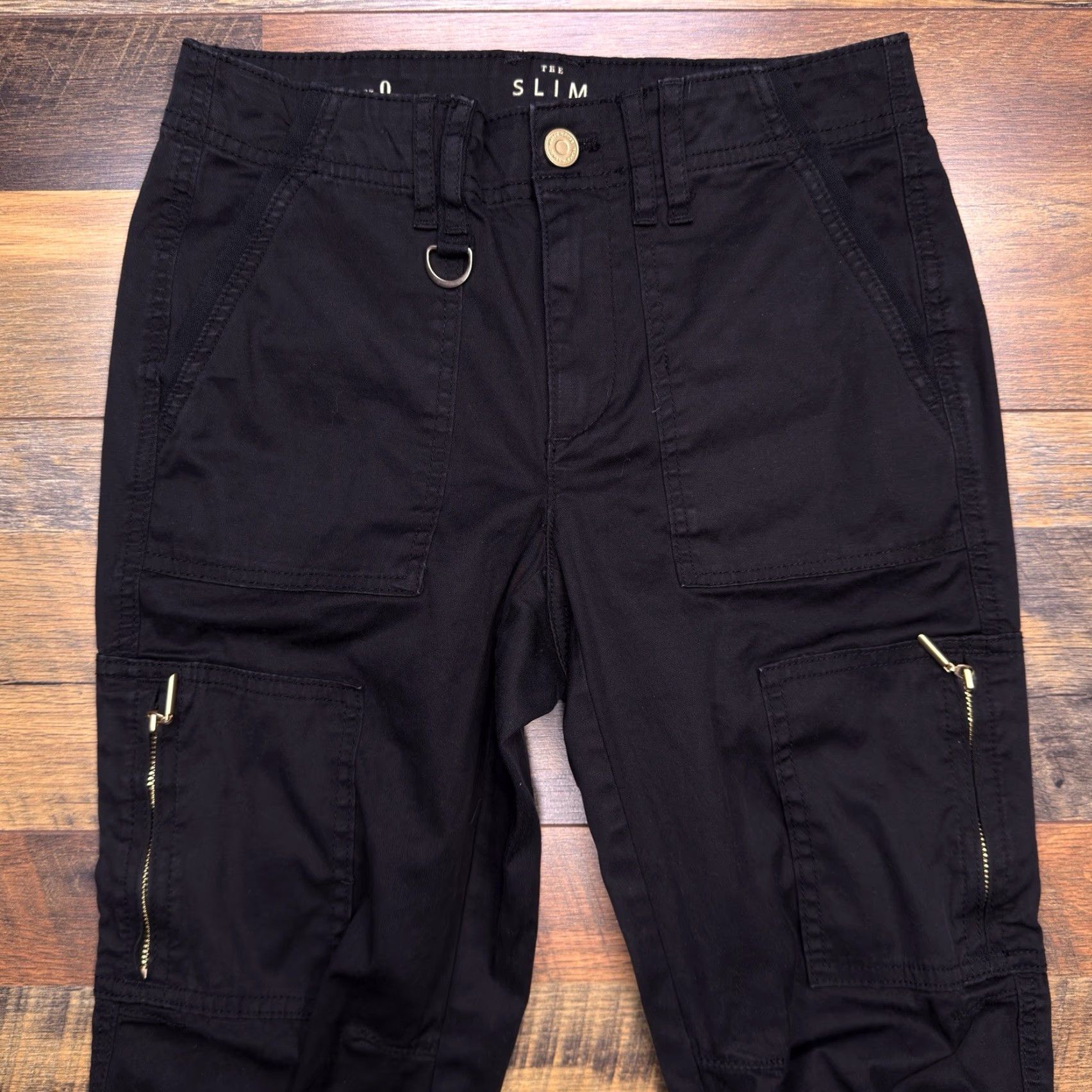 White House Black Market VINTAGE? No. WHBM Slim Crop Pants 0 Black Low Rose Stretch Gold Zippers Cargo Pockets Size 25" / US 0 / IT 36 - 3 Thumbnail