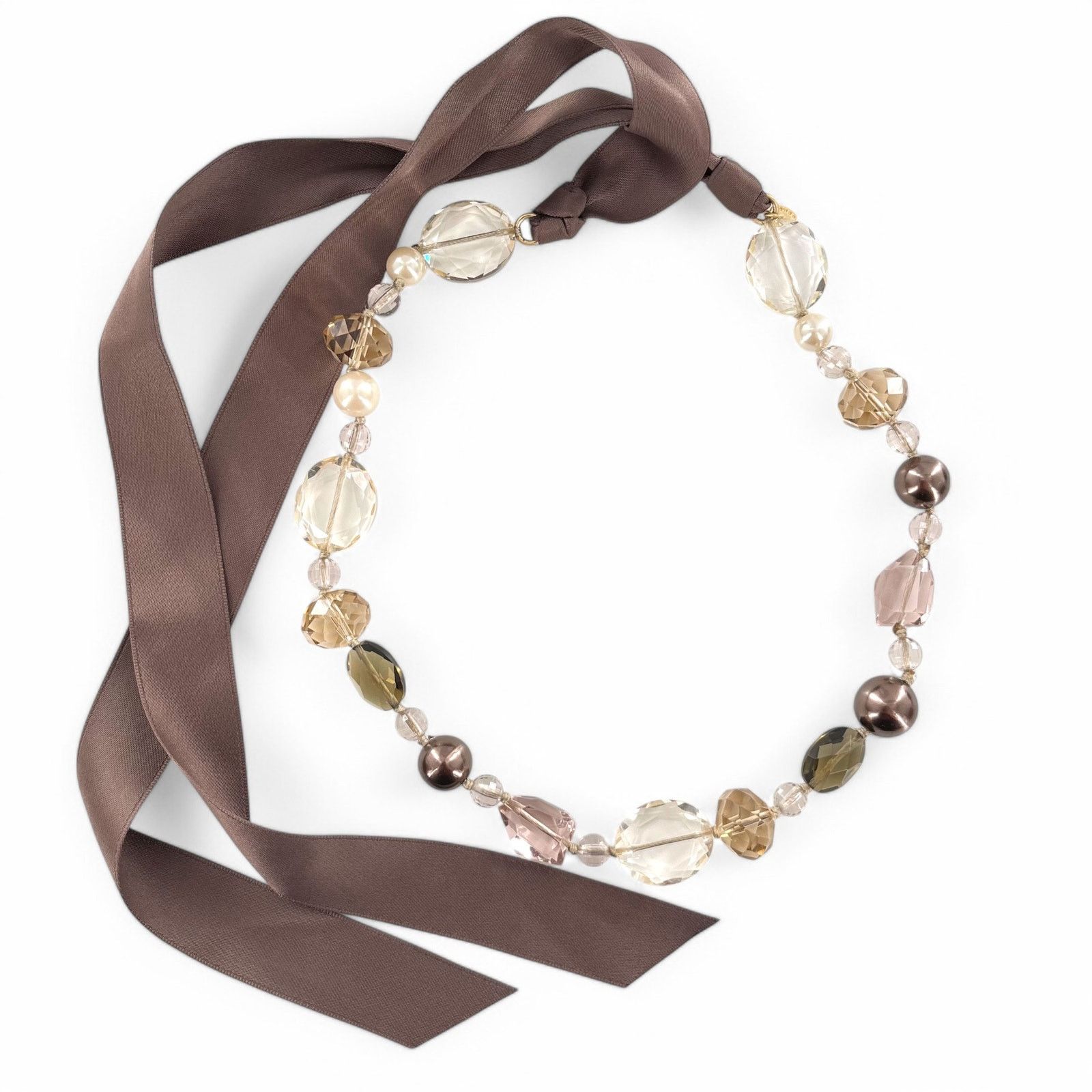 Other Stella and Dot Crystal Faux Pearl Necklace Brown Ribbon Tie Size ONE SIZE - 4 Thumbnail