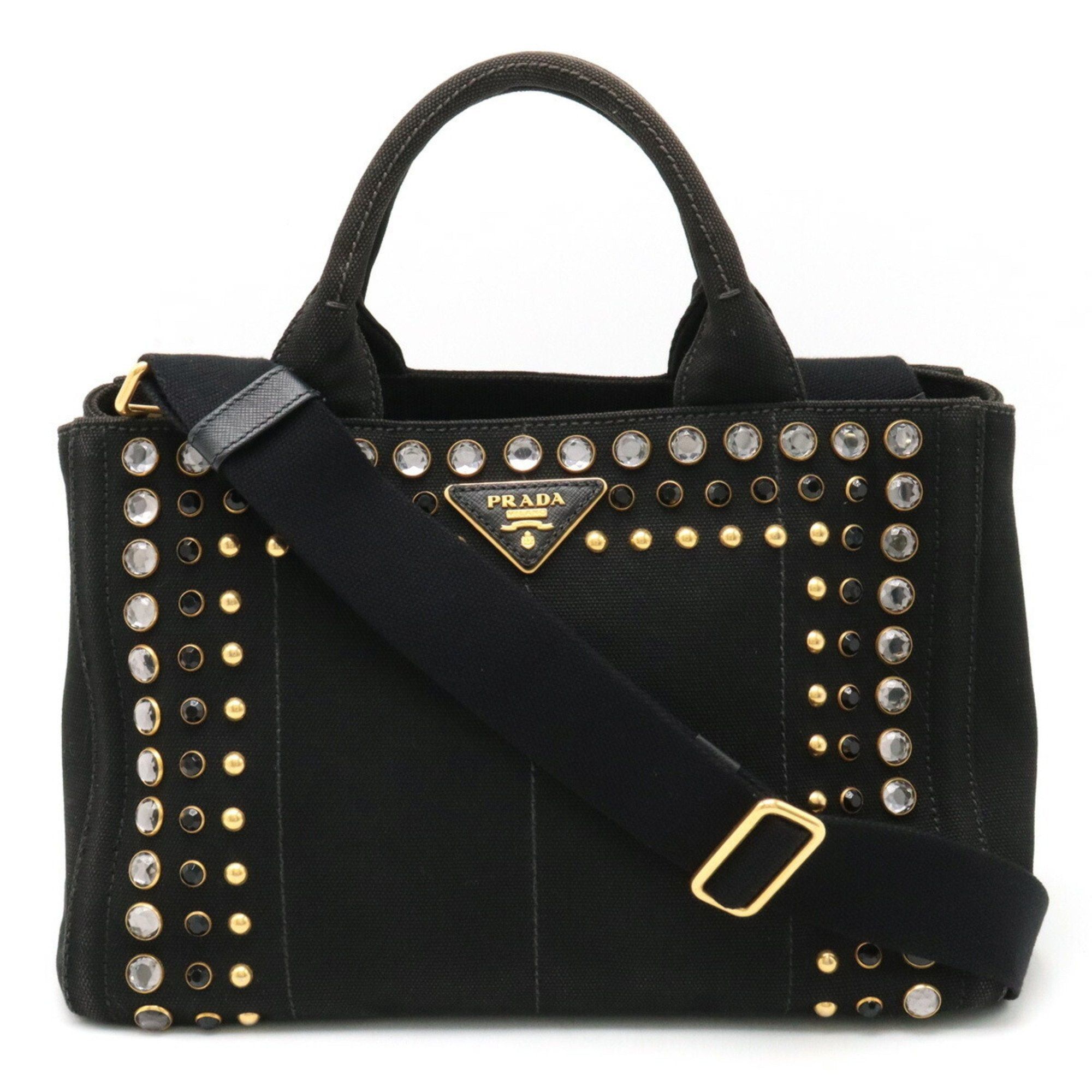 image of Prada Canapa Tote Bag Handbag Shoulder Bijou Studded Canvas Nero Black B24390, Women's