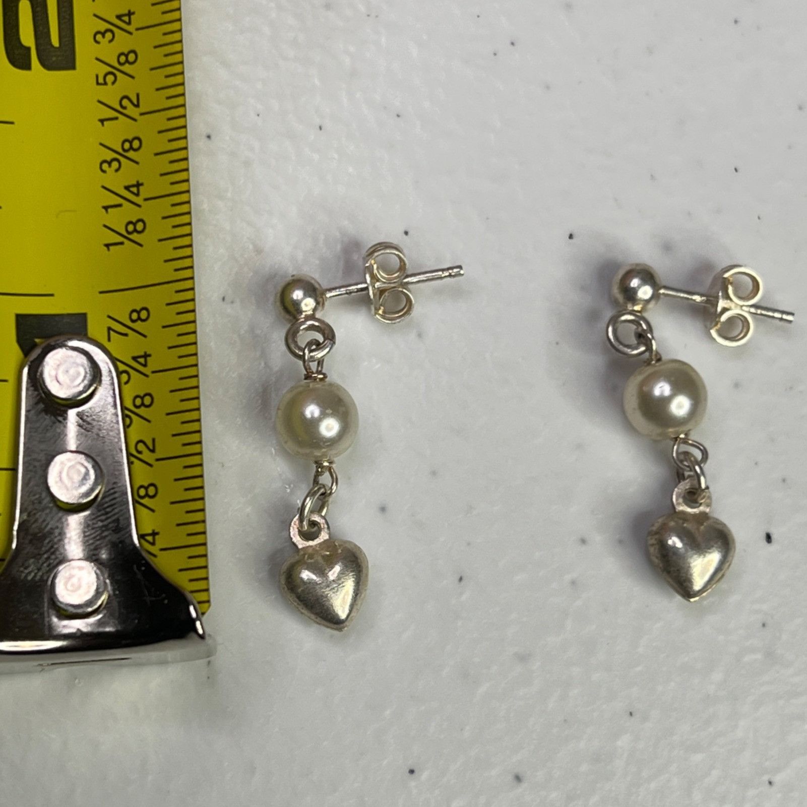 Designer Sterling Silver Drop Earrings With Heart Charms & Faux Pearl Size ONE SIZE - 6 Thumbnail