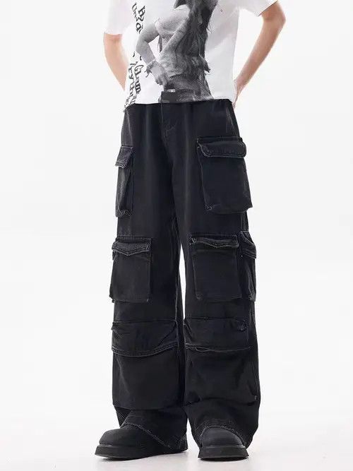 Japanese Brand × Jean Multi-Pocket Design Street Black Wide Leg Jeans Size US 34 / EU 50 - 4 Thumbnail