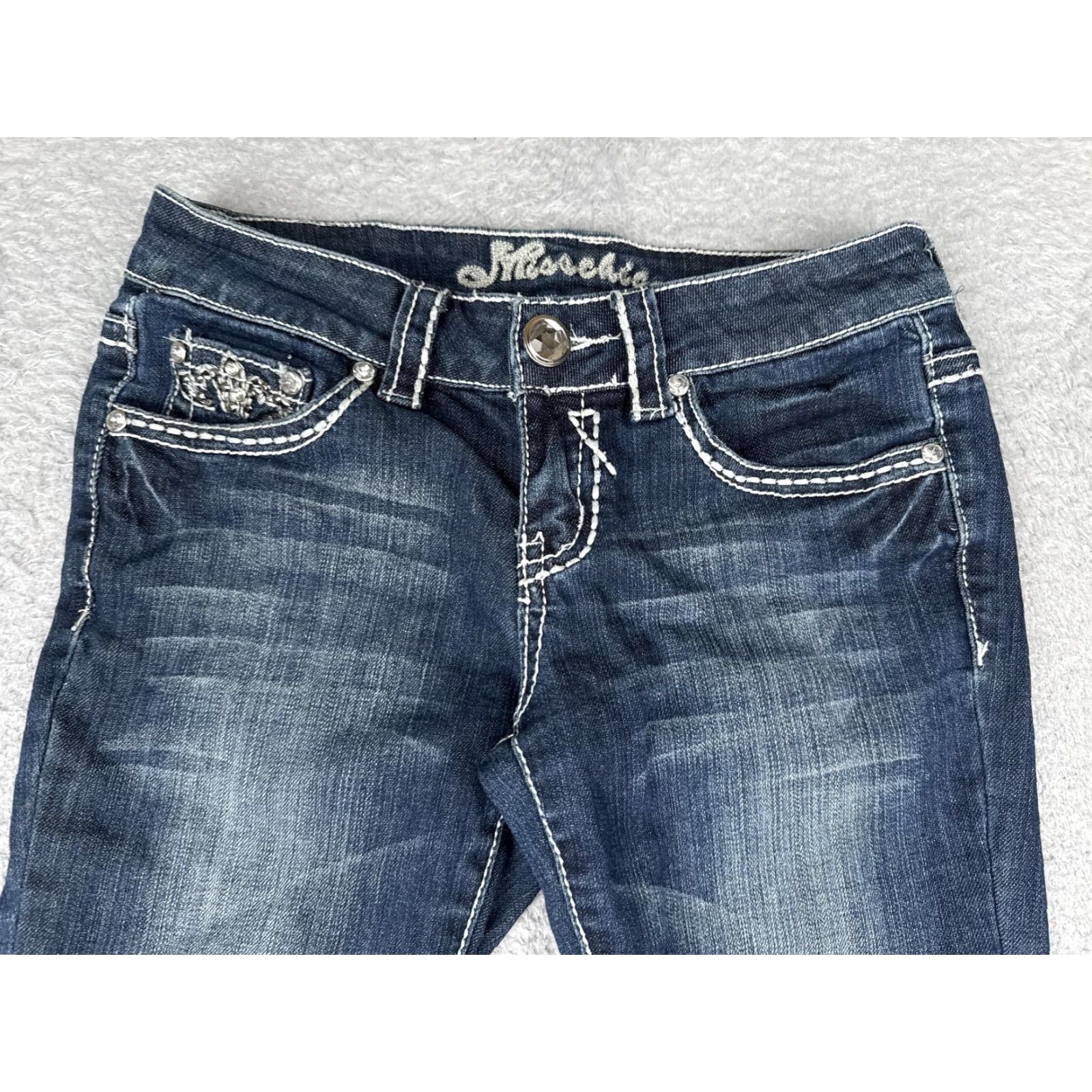 Vintage Miss Chic Icon Jeans Bootcut Juniors 7 Blue Medium Wash Mid Rise Rhinestone 26x30 Jeans Womens Retro USA Size 28" / US 6 / IT 42 - 4 Thumbnail