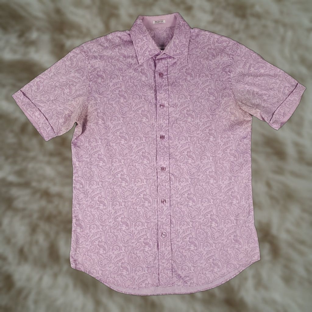 BUGATCHI Bugatchi Uomo Shirt Mens Medium Pink Paisley Shaped Fit Button Up Short Sleeve Size US M / EU 48-50 / 2 - 1 Thumbnail