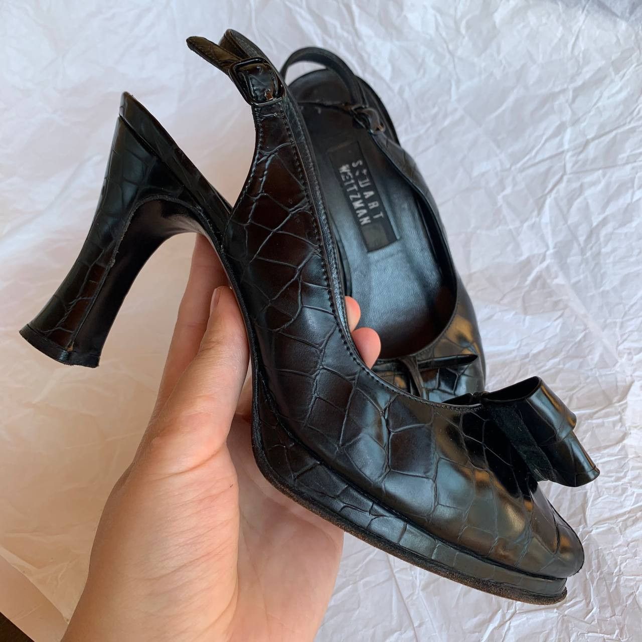 Stuart Weitzman × Vintage Stuart Weitzman vintage black leather slingback sandals Size US 7.5 / IT 37.5 - 2 Thumbnail