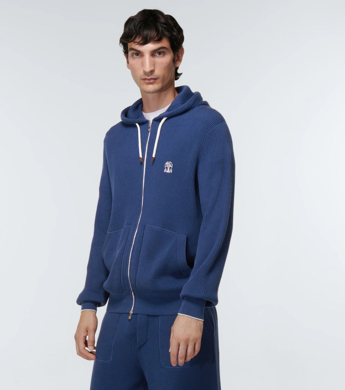 Brunello Cucinelli o1w1db10326 Ribbed Knit Cotton Hoodie in Blue Size US L / EU 52-54 / 3 - 2 Thumbnail